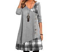 Onsoyours Robe Femmes Automne Casual Bouton Manches Longues Robe Chic Imprimé Patchwork Écossais À Grand Swing Mi-Longue Robe Chic Décontracté Robe De Soirée A Gris L