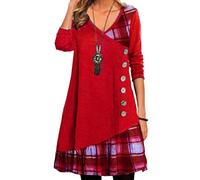 Onsoyours Robe Femmes Casual Automne Bouton Manches Longues Robe Chic Imprimé Patchwork Écossais À Grand Swing Mi-Longue Robe Chic Décontracté Robe De Soirée A Rouge 3XL