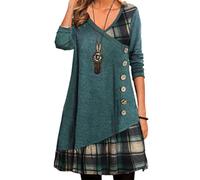 Onsoyours Robe Femmes Casual Automne Bouton Manches Longues Robe Chic Imprimé Patchwork Écossais À Grand Swing Mi-Longue Robe Chic Décontracté Robe De Soirée A Vert XXL