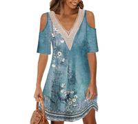 Onsoyours Robe Femmes Chic Imprime Manche Courte Dentelle Dress Sexy Épaules Dénudées Col en V Longueur Genou Taille Haute Robe De Plage A-Line Élégante Rétro Robe Été 01 Bleu S