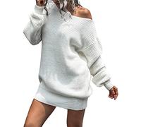 Onsoyours Robe Pull Femme Elégante Couleur Unie Sexy Robe Automne Hiver Tricotée à Manches Lanterne à Epaules Dénudées Blanche M