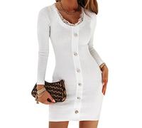 Onsoyours Robe Pull Femme Sexy Manche Longue Tricoté Robe en Dentelle Patchwork Fille Mini Robe Pullover Sweatshirt Casual Moulante Bodycon Soirée Dress B Blanc M