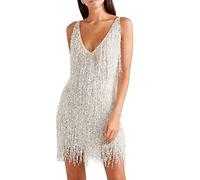 Onsoyours Robe Sexy Femme D'été Moulante Robe à col en V de Soirée Bretelle à Franges Robe Cocktail à Paillettes Brillante Col V Robe Slim Vintage Couleur Unie A Argent S