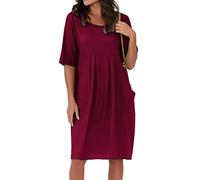 Onsoyours Robe Tunique Femme Fluide Chic et Elegant Longue Droite Swing Robe Plage Bohème Ample Robe Tee Shirt avec Poche Robe Casual Décontractée D'été E Vin Rouge M