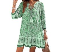 Onsoyours Robes Été Femme Bohème Col en V Courte Robe De Plage Décontractée Ample Vintage Imprimé Tunique Mini Dress A Vert Clair XL