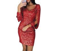 Onsoyours Robes Femme de Cocktail Vintage Rockabilly Manches Longues Col V Rétro Sequin Sexy Chic Mini Club Robe A Rouge XL