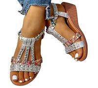 Onsoyours Sandale Femme Compensees Été Mode Élégance Mules Sandales Bout Ouvert Rome Strass Bride Cheville Chaussures pour Plage Vacances 01 Argent 36 EU