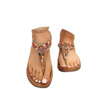 Onsoyours Sandales Plates d'été Femme Boho Bout Ouvert Perlées Fleur Flip Flop Talon Basse Léger Romaines Sandale Chaussures Mules Tongs Elégant de Vacances Plage B Marron 39 EU