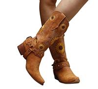Onsoyours Santiags Femme Cuir Moto Vintage Boot Equitation Bottes de Chevalier Broderie Rétro Confort Santiag Botte Larges Cowboy Western Bottes Montantes à Talons Bas B Jaune 38 EU