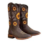Onsoyours Santiags Femme Cuir Moto Vintage Boot Equitation Bottes de Chevalier Broderie Rétro Confort Santiag Botte Larges Cowboy Western Bottes Montantes à Talons Bas A Marron Foncé 38 EU
