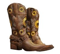 Onsoyours Santiags Femme Cuir Moto Vintage Boot Equitation Bottes de Chevalier Broderie Rétro Confort Santiag Botte Larges Cowboy Western Bottes Montantes à Talons Bas B Marron 38 EU
