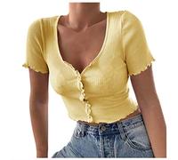 Onsoyours Solid Bretelles Hors Épaule Court Tops Blouse Épaules Nues Manches Slim Tops T-Shirt Casual Mode sans Bretelles Blouse T-Shirt Femmes Été Jaune 38