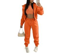 Onsoyours Survêtement Femme 3 Pièce Ensembles Sportswear Sweatshirt à Capuche à Zippé+ Crop Top + Pantalon Sports pour Casual Sports Jogging Fitness Orange S