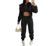 Onsoyours Survêtement Femme 3 Pièce Ensembles Sportswear Sweatshirt à Capuche à Zippé+ Crop Top + Pantalon Sports pour Casual Sports Jogging Fitness Noir M