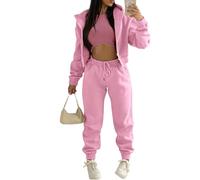 Onsoyours Survêtement Femme 3 Pièce Ensembles Sportswear Sweatshirt à Capuche à Zippé+ Crop Top + Pantalon Sports pour Casual Sports Jogging Fitness Rose L