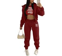 Onsoyours Survêtement Femme 3 Pièce Ensembles Sportswear Sweatshirt à Capuche à Zippé+ Crop Top + Pantalon Sports pour Casual Sports Jogging Fitness Z2 Vin Rouge S