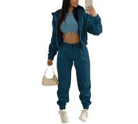 Onsoyours Survêtement Femme 3 Pièce Ensembles Sportswear Sweatshirt à Capuche à Zippé+ Crop Top + Pantalon Sports pour Casual Sports Jogging Fitness Marine L
