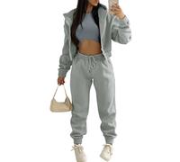 Onsoyours Survêtement Femme 3 Pièce Ensembles Sportswear Sweatshirt à Capuche à Zippé+ Crop Top + Pantalon Sports pour Casual Sports Jogging Fitness Gris L