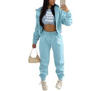 Onsoyours Survêtement Femme 3 Pièce Ensembles Sportswear Sweatshirt à Capuche à Zippé+ Crop Top + Pantalon Sports pour Casual Sports Jogging Fitness Z2 Bleu M