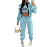 Onsoyours Survêtement Femme 3 Pièce Ensembles Sportswear Sweatshirt à Capuche à Zippé+ Crop Top + Pantalon Sports pour Casual Sports Jogging Fitness Z4 Bleu M