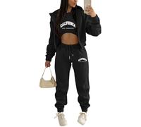 Onsoyours Survêtement Femme 3 Pièce Ensembles Sportswear Sweatshirt à Capuche à Zippé+ Crop Top + Pantalon Sports pour Casual Sports Jogging Fitness Z3 Noir S