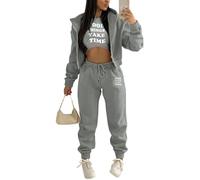 Onsoyours Survêtement Femme 3 Pièce Ensembles Sportswear Sweatshirt à Capuche à Zippé+ Crop Top + Pantalon Sports pour Casual Sports Jogging Fitness Z2 Gris M