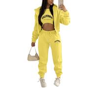 Onsoyours Survêtement Femme 3 Pièce Ensembles Sportswear Sweatshirt à Capuche à Zippé+ Crop Top + Pantalon Sports pour Casual Sports Jogging Fitness Z3 Jaune S