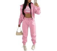 Onsoyours Survêtement Femme 3 Pièce Ensembles Sportswear Sweatshirt à Capuche à Zippé+ Crop Top + Pantalon Sports pour Casual Sports Jogging Fitness Z2 Rose S