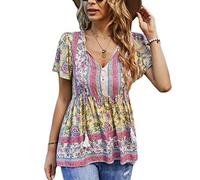 Onsoyours T-Shirt Femme Fleurs Col en V Haut D'Été Décontracté Ample Chic Tuniques Hauts Chemise Imprimé Loose Swing Blouse Chemisier Haut À Manches Courtes Jaune XL