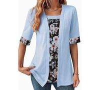 Onsoyours T-Shirts Femme Élégant Patchwork Tunique Tops Imprimé Demi-Manche Haut 2 en 1 Pullover Blusen Shirts Décontracté Faux Deux Pièces Tee Shirts Soirée Chemisier A Bleu Clair XXL