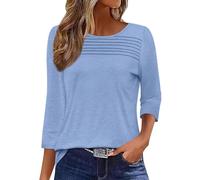 Onsoyours Tee Shirt Femme Manches 3/4 Plissé Col Rond T-Shirt Ete Décontracté Haut Basic Top A Bleu Clair S