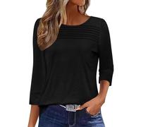 Onsoyours Tee Shirt Femme Manches 3/4 Plissé Col Rond T-Shirt Ete Décontracté Haut Basic Top A Noir L