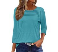 Onsoyours Tee Shirt Femme Manches 3/4 Plissé Col Rond T-Shirt Ete Décontracté Haut Basic Top A Turquoise XXL