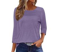 Onsoyours Tee Shirt Femme Manches 3/4 Plissé Col Rond T-Shirt Ete Décontracté Haut Basic Top A Violet Clair XL