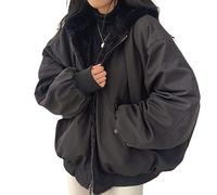 Onsoyours Veste Polaire Double Face pour Femme en Fausse Fourrure Hiver Chaude Manteau en Peluche Parka Veste à Capuche Blouson Deux Côtés A Noir XXL