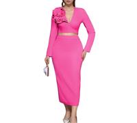 ONTINVA Ensemble 2 pièces formel à fleurs 3D pour femme - Col en V - Haut court - Jupe de cocktail élégante - Manches longues, rose vif, S
