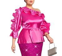ONTINVA Haut péplum à volants en satin brillant à une épaule pour femme, haut amincissant, cocktail, fête, chemisier de printemps, rose, 3XL