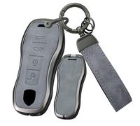ontto Coque de clé de voiture compatible avec Porsche Cayenne Coupé 9YA Macan Panamera 971 911 Carrera Taycan 2020-2024 Métal Cuir Porte-clés Boîtier de clé Housse de Protection 4 Boutons B Gris