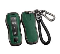 ontto Coque de clé de voiture en alliage pour Porsche Panamera Macan 718 Taycan 911 Cayman Boxster 9ya 971 Coque de clé télécommande en cuir avec porte-clés Accessoires de protection Noir/vert
