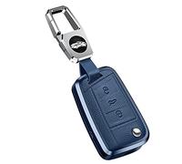 ontto Coque de clé de Voiture pour VW Golf 7 MK7 Polo T-ROC Tiguan Touran Skoda Karoq Superb Seat Ibiza Coque de Protection en métal Cuir Bleu