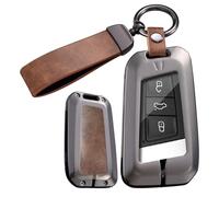 ontto Coque de clé en métal et cuir pour Skoda Kodiaq Superb A7 à partir de 2015 avec porte-clés pour VW Arteon Atlas Golf Alltrack Jetta GLI Passat Taos SEL, marron