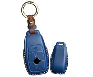 ontto Étui de e Voiture en Cuir - Convient pour Mercedes Benz E C S GLC 200 E400 E63 W213 S550 S560 C260 A200 AMG - Étui Porte-clés - 3 Boutons - Bleu