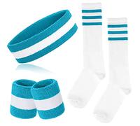 ONUPGO Lot de 5 bandeaux éponge rayés et chaussettes - Bandeau rayé - Chaussettes hautes à rayures pour hommes et femmes - Sport et fête des années 80 (bleu ciel/blanc/bleu ciel)