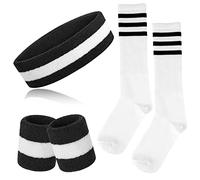 Onupgo Ensemble de 5 bandeaux et chaussettes rayés, bandeau rayé, bandeaux, chaussettes hautes rayées pour hommes, femmes, sport et fête des années 80 (Noir/Blanc/Noir)