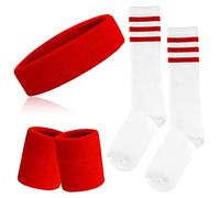 ONUPGO Ensemble de 5 pièces de bandeaux et chaussettes rayés - Bandeaux de sport rayés pour la tête, poignets, chaussettes hautes rayées pour hommes, femmes, sports et fête des années 80 (Rouge