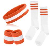 ONUPGO Lot de 5 bandeaux à rayures et chaussettes - Bandeau rayé - Chaussettes hautes rayées pour homme et femme - Pour le sport et les fêtes des années 80 (orange/blanc/orange)
