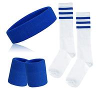 ONUPGO Lot de 5 bandeaux et chaussettes de sport rayés pour homme et femme, sport et fête des années 80 (bleu, chaussettes rayées)