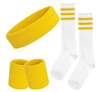 ONUPGO Lot de 5 pièces bandeau de transpiration rayé et chaussettes - Bandeau frontal rayé - Bandeaux de transpiration - Chaussettes hautes rayées pour hommes et femmes - Pour le sport et les fêtes