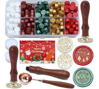 ONWINPOR Kit de cachet de cire à cacheter avec 200 perles de cire vertes, rouges, blanches et dorées, tampon de cire d'élan d'arbre de Noël, cuillère à fondre, stylo doré et bougies