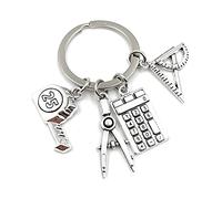 Onwomania Compas de mathématiques - Équerre - Mètre ruban calculatrice - Porte-clés en métal - Porte-bonheur - Dans une boîte cadeau en aluminium - Idéal pour offrir, argenté, taille unique